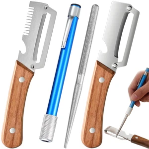 Multifunctional Vegetable Peeler 3 Piece Set Sharpening Rod Potato Peeler | Julienne Peeler, Bottle Opener, Wooden Handle Straight & Serrated Design, Potato Peeler, Stainless Steel Blade Multifunctional Vegetable Peeler 3 Piece Set Sharpening Rod Potato Peeler | Julienne Peeler, Bottle Opener, Wooden Handle Straight & Serrated Design, Potato Peeler, Stainless Steel Blade