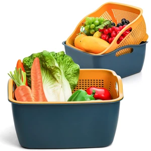 2 Pack 9 & 8 Quart Large Kitchen Strainer Colander Bowl Set, Double-Layer Plastic Fruits Vegetable Washing Basket, Drain Bowls for Cleaning Washing Mixing, Detachable (Blue, Orange) 2 Pack 9 & 8 Quart Large Kitchen Strainer Colander Bowl Set, Double-Layer Plastic Fruits Vegetable Washing Basket, Drain Bowls for Cleaning Washing Mixing, Detachable (Blue, Orange)