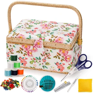 Sewing Basket with Accessories, Wooden Sewing Kit Storage Box with Removable Tray, Vintage Sewing Kits Carrying Bag for Sewing Mending, Beginner, Professional, Floral Print, Gift for Christmas Sewing Basket with Accessories, Wooden Sewing Kit Storage Box with Removable Tray, Vintage Sewing Kits Carrying Bag for Sewing Mending, Beginner, Professional, Floral Print, Gift for Christmas