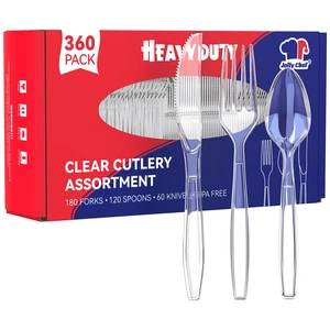 Plastic Silverware 360 Count-180 Forks, 120 Spoons, 60 Knives | Plastic Utensils Heavy Duty, Heat Resistant Cutlery, Disposable Utensils Set for Parties, Events, Everyday Use Plastic Silverware 360 Count-180 Forks, 120 Spoons, 60 Knives | Plastic Utensils Heavy Duty, Heat Resistant Cutlery, Disposable Utensils Set for Parties, Events, Everyday Use