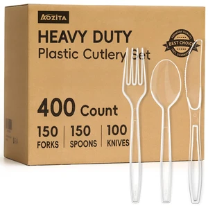 400 Count Heavy Duty Plastic Silverware, BPA-Free, Clear Plastic Cutlery Set, Premium Disposable Utensils for Party Everyday Use, 150 Forks, 150 Spoons and 100 Knives 400 Count Heavy Duty Plastic Silverware, BPA-Free, Clear Plastic Cutlery Set, Premium Disposable Utensils for Party Everyday Use, 150 Forks, 150 Spoons and 100 Knives