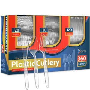 360 Count Clear Plastic Silverware Set Disposable Cutlery | 120 Forks, 120 Spoons, 120 Knives, Heavy Duty BPA Free, Premium Clear Plasticware for Party Supplies 360 Count Clear Plastic Silverware Set Disposable Cutlery | 120 Forks, 120 Spoons, 120 Knives, Heavy Duty BPA Free, Premium Clear Plasticware for Party Supplies