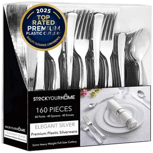 160 Pack Silver Plastic Cutlery Disposable Silverware - 80 Forks, 40 Knives, 40 Spoons - For Catering, Parties, Dinners, Weddings, and Everyday Use, 160 Pack Silver Plastic Cutlery Disposable Silverware - 80 Forks, 40 Knives, 40 Spoons - For Catering, Parties, Dinners, Weddings, and Everyday Use,