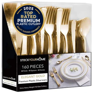 Gold Plastic Silverware Set (160 Bulk Pack) Disposable Cutlery Utensils, 80 Forks, 40 Knives, 40 Spoons, Heavy Duty Flatware For Holidays, Parties, Dinners, Weddings, and Occasions Gold Plastic Silverware Set (160 Bulk Pack) Disposable Cutlery Utensils, 80 Forks, 40 Knives, 40 Spoons, Heavy Duty Flatware For Holidays, Parties, Dinners, Weddings, and Occasions