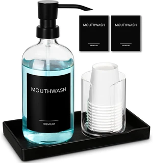 Mouthwash Dispenser for Bathroom, Glass Mouth Wash Pump Dispenser with Cup Holder, 17 Fl Oz Mouthwash Bottle Decanter with Tray, Refillable Mouthwash Dispenser Container Mouthwash Dispenser for Bathroom, Glass Mouth Wash Pump Dispenser with Cup Holder, 17 Fl Oz Mouthwash Bottle Decanter with Tray, Refillable Mouthwash Dispenser Container