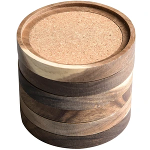 Acacia Wood Coasters for Drinks, 4.13 Inch, Set of 6, Absorbent and Insulation Cork Stackable Cup Holders, Rustic Coasters for Wooden Table, Designed by Acacia Wood Coasters for Drinks, 4.13 Inch, Set of 6, Absorbent and Insulation Cork Stackable Cup Holders, Rustic Coasters for Wooden Table, Designed by