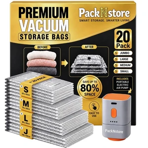 20 Pack Vacuum Storage Bags with Pump - Space Saver Bags | Includes a rechargeable 25W pump with 4500Pa+ suction for quick vacuum sealing at home or on trips - airtight & waterproof 20 Pack Vacuum Storage Bags with Pump - Space Saver Bags | Includes a rechargeable 25W pump with 4500Pa+ suction for quick vacuum sealing at home or on trips - airtight & waterproof