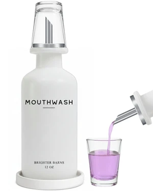 White Glass Mouthwash Dispenser for Bathroom by Brighter Barns - 12oz Mouth Wash Dispenser w/Stainless Steel Spout, Glass Mouthwash Cup, Tray - Minimalist Bathroom Decor in Hotel, Spa, Office (White) White Glass Mouthwash Dispenser for Bathroom by Brighter Barns - 12oz Mouth Wash Dispenser w/Stainless Steel Spout, Glass Mouthwash Cup, Tray - Minimalist Bathroom Decor in Hotel, Spa, Office (White)