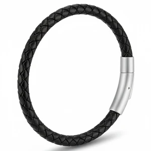 Black Braided Leather Bracelet Premium Stainless Steel Push-Lock | For men and women, braided leather with secure push-lock clasp, no magnets; hypoallergenic stainless steel; 7.5 and 8.5 inch Black Braided Leather Bracelet Premium Stainless Steel Push-Lock | For men and women, braided leather with secure push-lock clasp, no magnets; hypoallergenic stainless steel; 7.5 and 8.5 inch