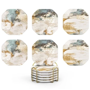 Absorbent Ceramic Stone Coasters Set of 6 with Holder, Teal Beige | Modern Abstract Coffee Table Decor for Home Bar, Kitchen & Dining, Neutral Luxe Art, Gold-Vein Marbled Pattern, Octagon 4" Absorbent Ceramic Stone Coasters Set of 6 with Holder, Teal Beige | Modern Abstract Coffee Table Decor for Home Bar, Kitchen & Dining, Neutral Luxe Art, Gold-Vein Marbled Pattern, Octagon 4"