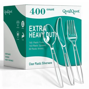 400 Count Extra Heavy Duty Clear Plastic Silverware, Bulk | Disposable Cutlery, 160 Forks&160 Spoons&80 Knives, BPA-Free , Heat Resistant, Premium Utensils for Party, Daily Use 400 Count Extra Heavy Duty Clear Plastic Silverware, Bulk | Disposable Cutlery, 160 Forks&160 Spoons&80 Knives, BPA-Free , Heat Resistant, Premium Utensils for Party, Daily Use