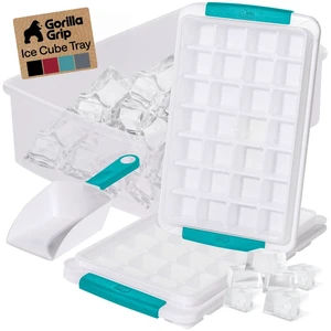 BPA-Free Space Saving Ice Cube Tray and Bin Set, Turquoise | Makes 56 Cubes, Kit Includes 2 Stackable Leakproof Trays with Lid, Scooper, Soft Handle Grips, For Iced Coffee, Cocktails BPA-Free Space Saving Ice Cube Tray and Bin Set, Turquoise | Makes 56 Cubes, Kit Includes 2 Stackable Leakproof Trays with Lid, Scooper, Soft Handle Grips, For Iced Coffee, Cocktails