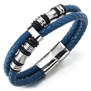 Blue Braided Leather Bracelet for Men, Double Strand with Stainless Steel Barrel Beads and Black Rubber Rings Blue Braided Leather Bracelet for Men, Double Strand with Stainless Steel Barrel Beads and Black Rubber Rings