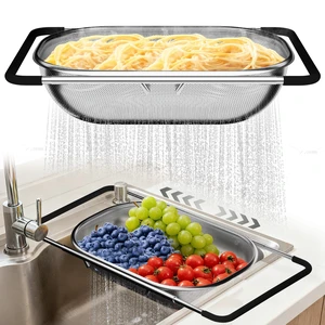 Over the Sink Colander - Strainers and Colanders - Sink Strainer Basket - Expandable Fine Mesh Strainer with Rubber Grip for Veggie, Fruits, Pasta, Home Kitchen Essentials (9.5W x 13.4-21.3L x 3.3H) Over the Sink Colander - Strainers and Colanders - Sink Strainer Basket - Expandable Fine Mesh Strainer with Rubber Grip for Veggie, Fruits, Pasta, Home Kitchen Essentials (9.5W x 13.4-21.3L x 3.3H)