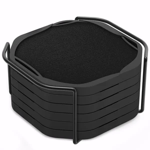 Absorbent Felt & Silicone Drink Cup Coasters Set of 6 with Holder | Leakproof & Non-Slip Base, Non-Stick, for Coffee Table, Office Desk, Home Bar, Kitchen Decor & Accessories, Black Octagon 4" Absorbent Felt & Silicone Drink Cup Coasters Set of 6 with Holder | Leakproof & Non-Slip Base, Non-Stick, for Coffee Table, Office Desk, Home Bar, Kitchen Decor & Accessories, Black Octagon 4"