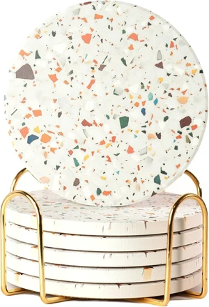 Terrazzo Coasters Set of 6, Colorful Boho Absorbent Ceramic Coasters | Speckled terrazzo drink coasters for coffee table & desk; moisture-absorbing stone, boho home decor, housewarming gift Terrazzo Coasters Set of 6, Colorful Boho Absorbent Ceramic Coasters | Speckled terrazzo drink coasters for coffee table & desk; moisture-absorbing stone, boho home decor, housewarming gift