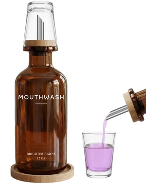 Amber Glass Mouthwash Dispenser for Bathroom by Brighter Barns - Refillable Mouthwash Container and Glass Cup - Modern Mouth Wash Dispensers for Bathroom - Boho Decor for Office, Hotel, Gifts (Amber) Amber Glass Mouthwash Dispenser for Bathroom by Brighter Barns - Refillable Mouthwash Container and Glass Cup - Modern Mouth Wash Dispensers for Bathroom - Boho Decor for Office, Hotel, Gifts (Amber)
