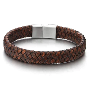 Men's Brown Braided Leather Bracelet With Stainless Steel Clasp, Round Woven Wristband, Minimalist Everyday Jewelry Gift Men's Brown Braided Leather Bracelet With Stainless Steel Clasp, Round Woven Wristband, Minimalist Everyday Jewelry Gift