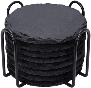 Slate Coasters Set of 8 with Metal Holder, Modern Stone Coasters for Drinks | 4 Inch Coffee Table Coaster Set Home Decor for Kitchen, Dining Room, Outdoor, House Warming Gifts, Wedding, Round, Black Slate Coasters Set of 8 with Metal Holder, Modern Stone Coasters for Drinks | 4 Inch Coffee Table Coaster Set Home Decor for Kitchen, Dining Room, Outdoor, House Warming Gifts, Wedding, Round, Black