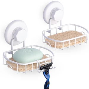 Suction Cup Soap Dish for Shower Wall, Rustproof Stainless Steel Shower Soap Holder with Hooks for Bathroom, Includes Optional No Drill Adhesive Mount and Soap Savers, 2 Pack, White Suction Cup Soap Dish for Shower Wall, Rustproof Stainless Steel Shower Soap Holder with Hooks for Bathroom, Includes Optional No Drill Adhesive Mount and Soap Savers, 2 Pack, White