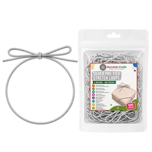 3 Inch Silver Pre-Tied Stretch Loops for Gift Wrapping | 100PCs, Durable Elastic Cord Ribbon, Reusable, with Bows, Metallic String, Wedding Favors, Boxes, Tags, Baskets, Rolls 3 Inch Silver Pre-Tied Stretch Loops for Gift Wrapping | 100PCs, Durable Elastic Cord Ribbon, Reusable, with Bows, Metallic String, Wedding Favors, Boxes, Tags, Baskets, Rolls