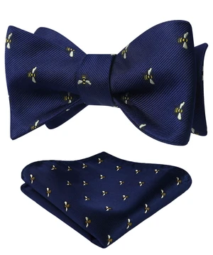 Men's Bee Pattern Self Bow Tie And Pocket Square Set Wedding Party Accessories,Navy Blue & Yellow,One Size Men's Bee Pattern Self Bow Tie And Pocket Square Set Wedding Party Accessories,Navy Blue & Yellow,One Size
