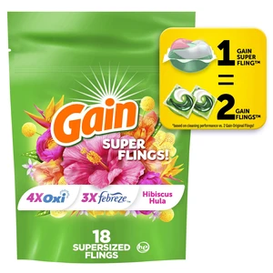 Gain Super Flings Laundry Detergent Pacs 18 Count, Hibiscus Hula Scent Gain Super Flings Laundry Detergent Pacs 18 Count, Hibiscus Hula Scent