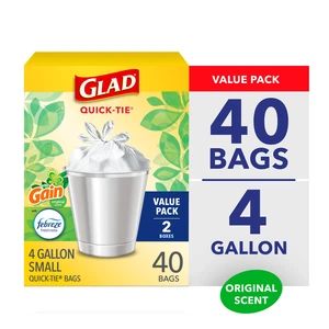 Glad Quick-Tie 4-Gallon Small Trash Bags with Gain Original Scent, 20 Bags (2 Pack) Glad Quick-Tie 4-Gallon Small Trash Bags with Gain Original Scent, 20 Bags (2 Pack)