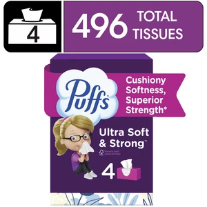 Puffs Ultra Soft Facial Tissues, 4 Family Size Boxes, 124 Tissues per Box Puffs Ultra Soft Facial Tissues, 4 Family Size Boxes, 124 Tissues per Box