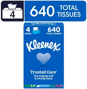 Kleenex Trusted Care 2-Ply Flat Box Facial Tissues, 4 Pack (640 Tissues) Kleenex Trusted Care 2-Ply Flat Box Facial Tissues, 4 Pack (640 Tissues)