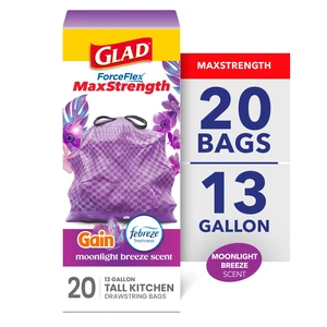 Glad ForceFlex MaxStrength 13-Gallon Tall Kitchen Drawstring Bags, Purple, Gain Moonlight Breeze Scent, 20 Bags Glad ForceFlex MaxStrength 13-Gallon Tall Kitchen Drawstring Bags, Purple, Gain Moonlight Breeze Scent, 20 Bags