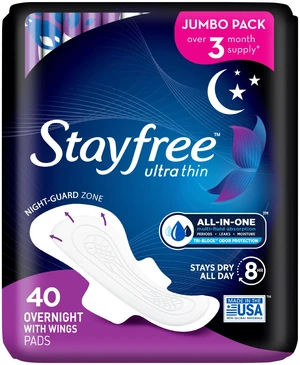 Stayfree Ultra Thin Overnight Pads with Wings, 40 Count, Multi-Fluid Absorption, Up to 10 Hours Protection Stayfree Ultra Thin Overnight Pads with Wings, 40 Count, Multi-Fluid Absorption, Up to 10 Hours Protection