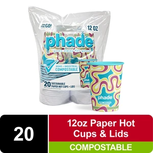 Phade 12oz Compostable Paper Hot Cups with Lids, 20 Count, Squiggle Design Phade 12oz Compostable Paper Hot Cups with Lids, 20 Count, Squiggle Design