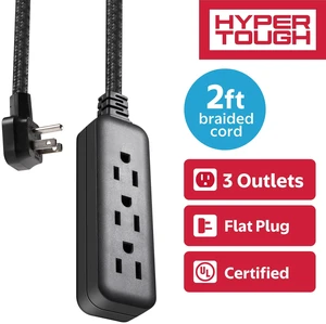Hyper Tough Flat Plug Extension Cord, 2ft, Braided, 3 Outlets, 3-Prong Grounded, Indoor, Black Hyper Tough Flat Plug Extension Cord, 2ft, Braided, 3 Outlets, 3-Prong Grounded, Indoor, Black