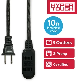 Hyper Tough 10ft Indoor Extension Cord, 3 Outlets, 2 Prong, Braided, Black Hyper Tough 10ft Indoor Extension Cord, 3 Outlets, 2 Prong, Braided, Black