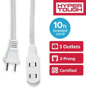 Hyper Tough 10ft 3-Outlet White Braided Extension Cord, 2-Prong, Indoor Hyper Tough 10ft 3-Outlet White Braided Extension Cord, 2-Prong, Indoor