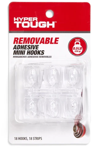 Hyper Tough Mini Removable Self-Adhesive Plastic Hooks, 18 Pieces, 0.5lb Capacity, Clear Hyper Tough Mini Removable Self-Adhesive Plastic Hooks, 18 Pieces, 0.5lb Capacity, Clear