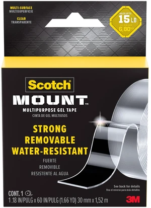 Scotch-Mount Multipurpose Gel Tape, 1.18in x 60in, Holds 15lbs, Clear, 1 Pack Scotch-Mount Multipurpose Gel Tape, 1.18in x 60in, Holds 15lbs, Clear, 1 Pack