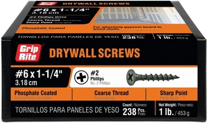 Grip-Rite #6 x 1-1/4in. Phillips Bugle-Head Coarse Thread Sharp Point Drywall to Wood Screw, 1lb. Grip-Rite #6 x 1-1/4in. Phillips Bugle-Head Coarse Thread Sharp Point Drywall to Wood Screw, 1lb.