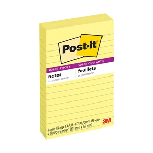 Post-it Super Sticky Lined Notes, 4" x 6", Canary Yellow, 3 Pack Post-it Super Sticky Lined Notes, 4" x 6", Canary Yellow, 3 Pack