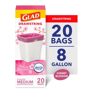 Glad 8-Gallon Medium Pink Drawstring Trash Bags, Febreze Freshness Cherry Blossom Scent, 20 Count Glad 8-Gallon Medium Pink Drawstring Trash Bags, Febreze Freshness Cherry Blossom Scent, 20 Count
