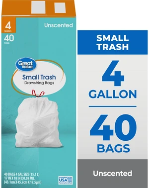 4-Gallon Great Value Small Drawstring Trash Bags, 40 Bags 4-Gallon Great Value Small Drawstring Trash Bags, 40 Bags