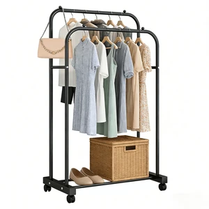 GARITIN Heavy Duty Double Rod Rolling Garment Rack with Wheels, Portable Clothes Rack for Bedroom Laundry Entryway, Black GARITIN Heavy Duty Double Rod Rolling Garment Rack with Wheels, Portable Clothes Rack for Bedroom Laundry Entryway, Black