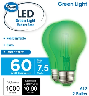 Great Value LED Light Bulb 7.5W (60W Equivalent) A19 E26 Medium Base Non-Dimmable Green 2-Pack Great Value LED Light Bulb 7.5W (60W Equivalent) A19 E26 Medium Base Non-Dimmable Green 2-Pack