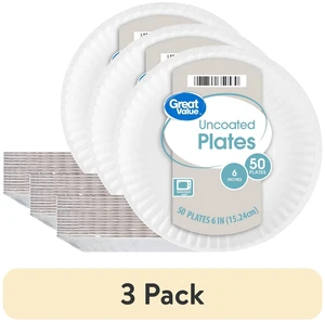 Great Value Uncoated White Paper Plates, 6 Inch, 50 Count (3 Pack) Great Value Uncoated White Paper Plates, 6 Inch, 50 Count (3 Pack)