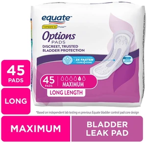 Equate Options Women's Incontinence Pads, Maximum Absorbency, Long Length, 45 Count Equate Options Women's Incontinence Pads, Maximum Absorbency, Long Length, 45 Count
