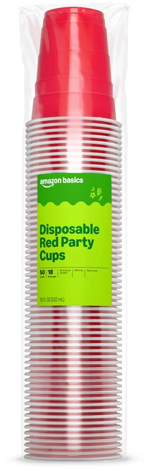 Amazon Basics Disposable Plastic Party Cups, Red, 18oz, 50 Count, Packaging May Vary Amazon Basics Disposable Plastic Party Cups, Red, 18oz, 50 Count, Packaging May Vary