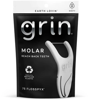 GRIN Molar Flosspyx, Floss Picks, 75 Count, Dental Flossers, Minty Flavor, Recycled Plastic, Great for Reaching Back Teeth, Slide Easily Between Teeth, Includes Safe Soft Fold-Back Tooth Pick GRIN Molar Flosspyx, Floss Picks, 75 Count, Dental Flossers, Minty Flavor, Recycled Plastic, Great for Reaching Back Teeth, Slide Easily Between Teeth, Includes Safe Soft Fold-Back Tooth Pick