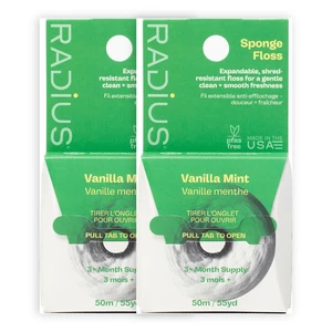 RADIUS Vegan Sponge Floss, Soft Expanding Dental Floss for Sensitive Gums and Tight Teeth, PFAS Free, Vegan, Plastic Free Packaging, 50m / 55 yd, Vanilla Mint, Pack of 2