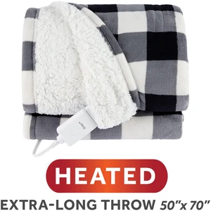 Sunbeam Heated Electric Microplush Faux Shearling Throw Blanket, Black Buffalo Plaid, 4 Heat Settings, 50 x 70 in Sunbeam Heated Electric Microplush Faux Shearling Throw Blanket, Black Buffalo Plaid, 4 Heat Settings, 50 x 70 in